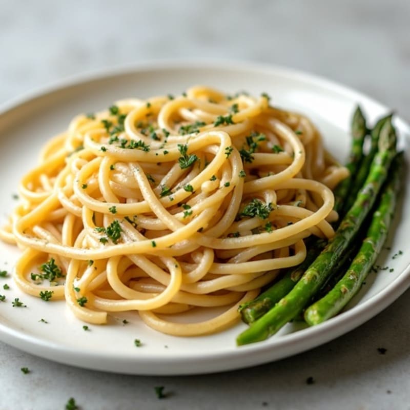 Creamy Cashew Alfredo Whole Wheat Pasta with Roasted Asparagus