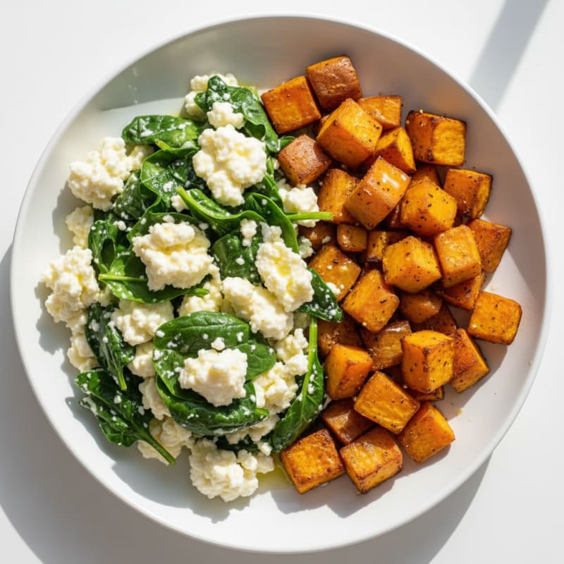 Egg White and Spinach Scramble with Cottage Cheese and Roasted Sweet Potato