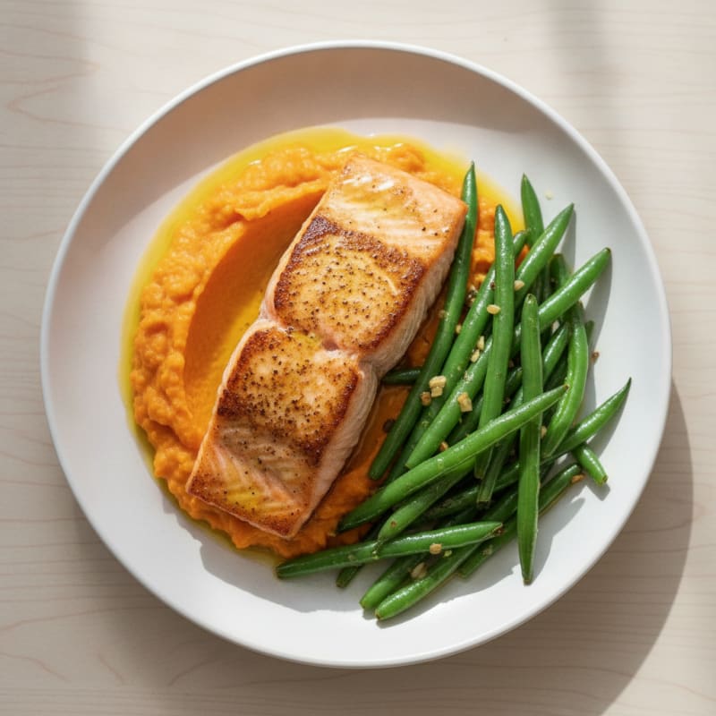 Seared Salmon Fillet with Garlic Green Beans and Sweet Potato Mash