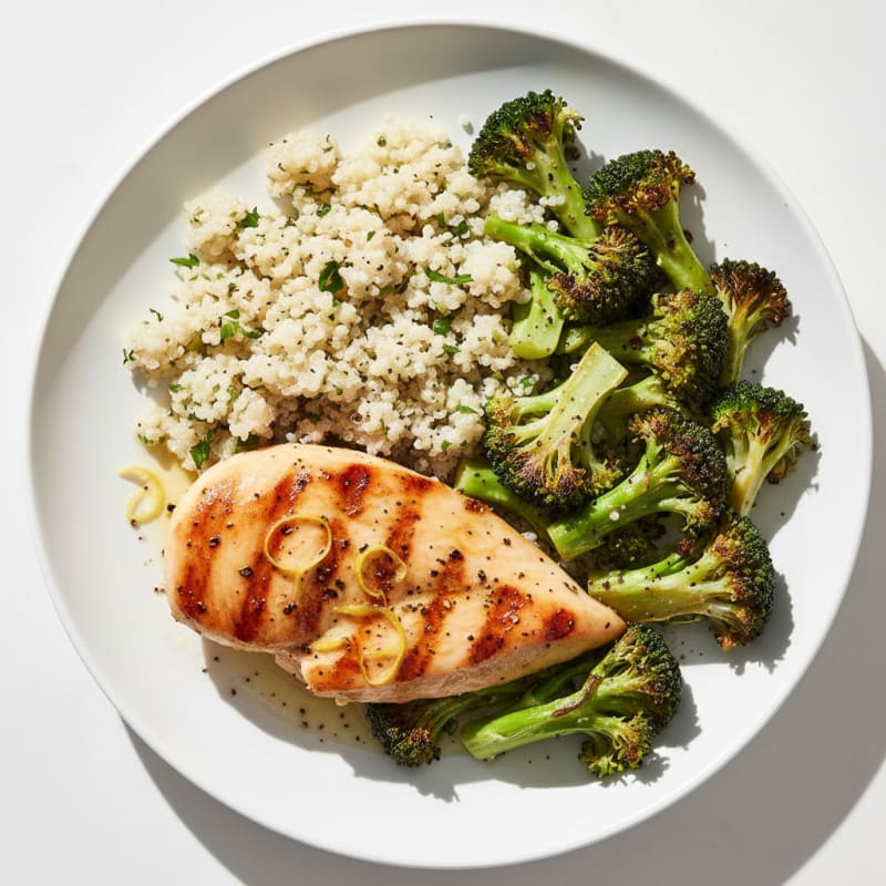 Grilled Lemon Pepper Chicken with Quinoa and Roasted Broccoli