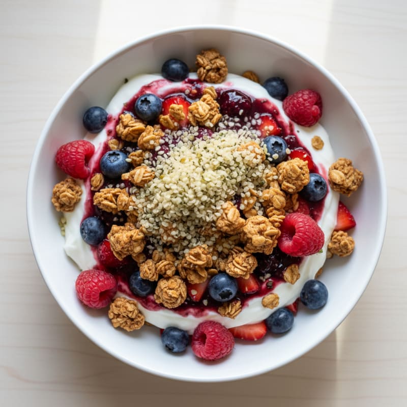 Greek Yogurt Parfait with Mixed Berries and Crunchy Almond Butter Granola
