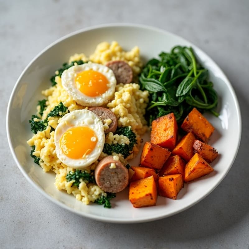 Egg White and Turkey Sausage Scramble with Spinach and Roasted Sweet Potatoes