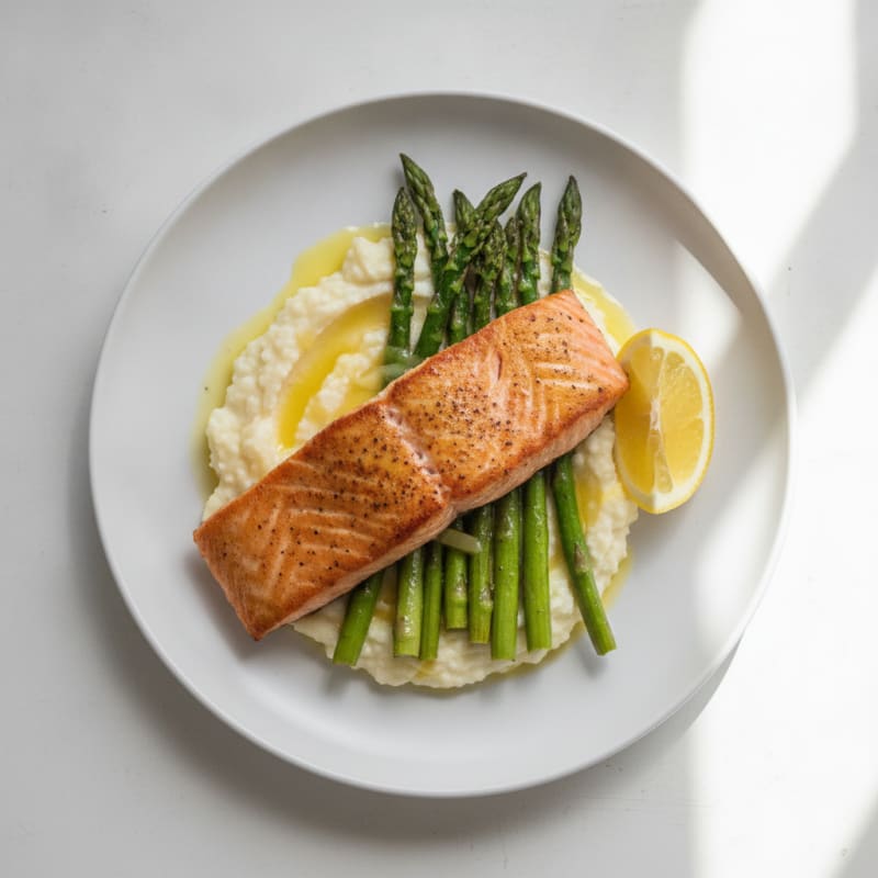 Seared Salmon Fillet with Roasted Asparagus and Cauliflower Mash