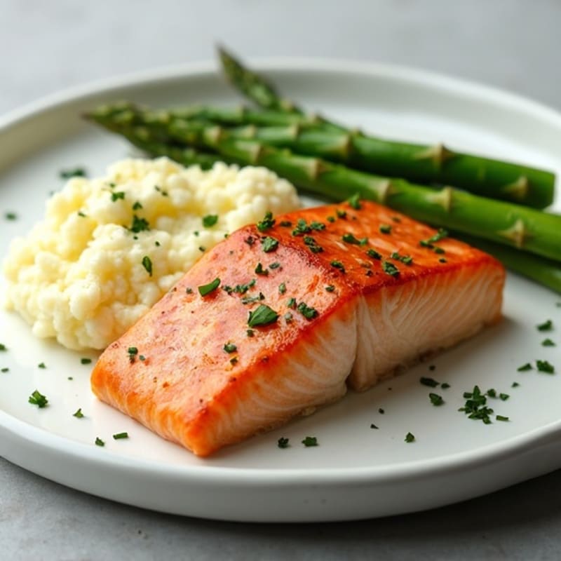 Seared Salmon with Steamed Asparagus and Cauliflower Mash
