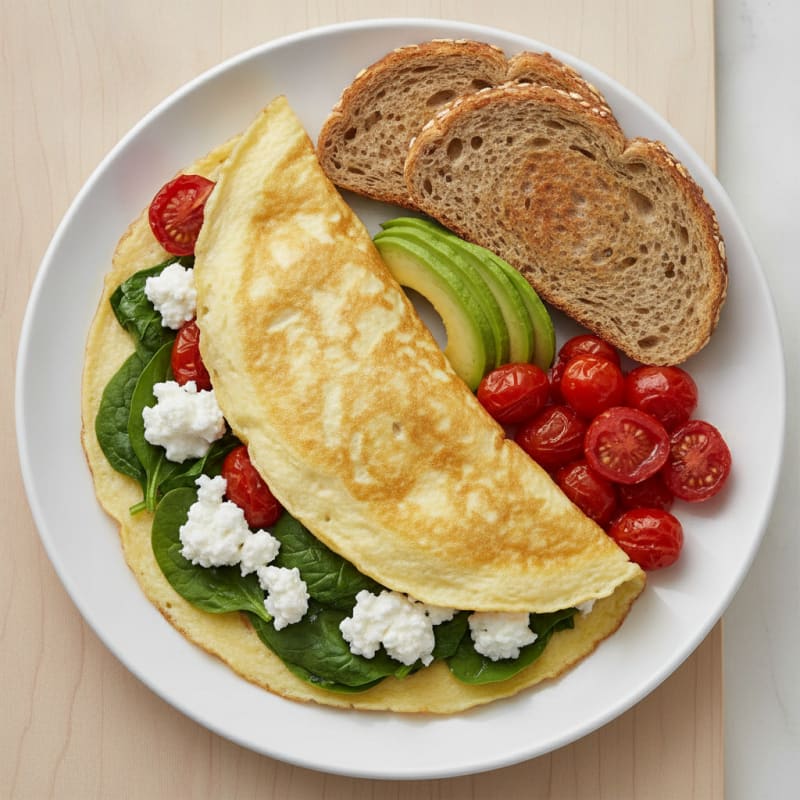 Egg White Spinach Omelet with Cottage Cheese and Cherry Tomatoes