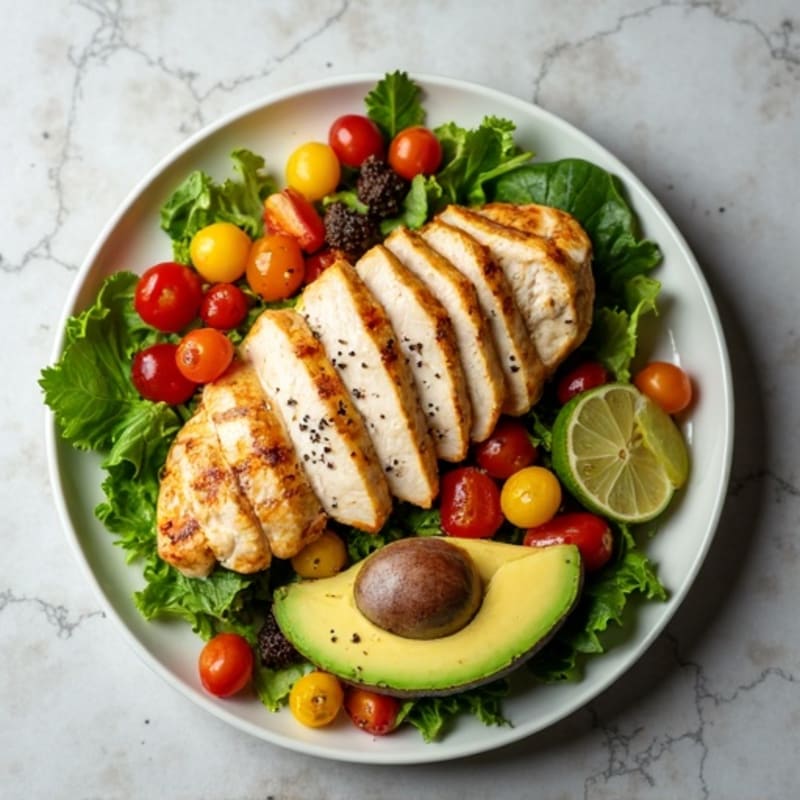 Grilled Chicken Breast Salad with Roasted Vegetables and Avocado
