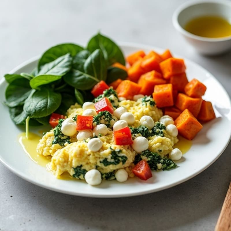 Egg White and Spinach Scramble with Cottage Cheese and Roasted Sweet Potatoes