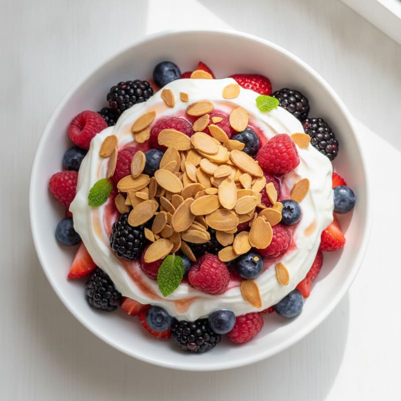 Greek Yogurt Protein Parfait with Mixed Berries and Almonds