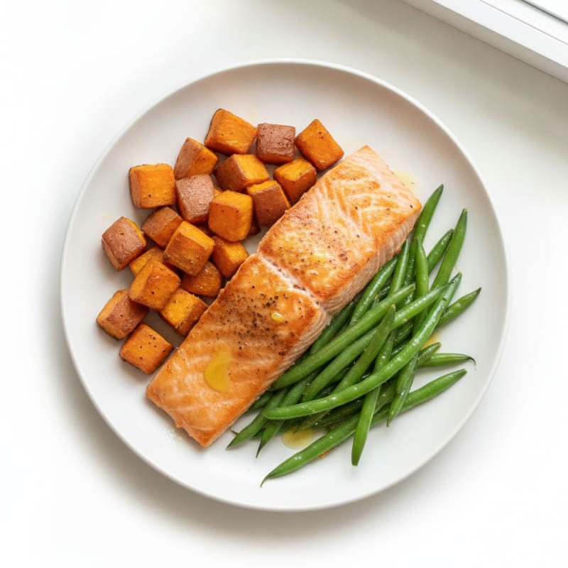 Seared Salmon Fillet with Roasted Sweet Potatoes and Green Beans