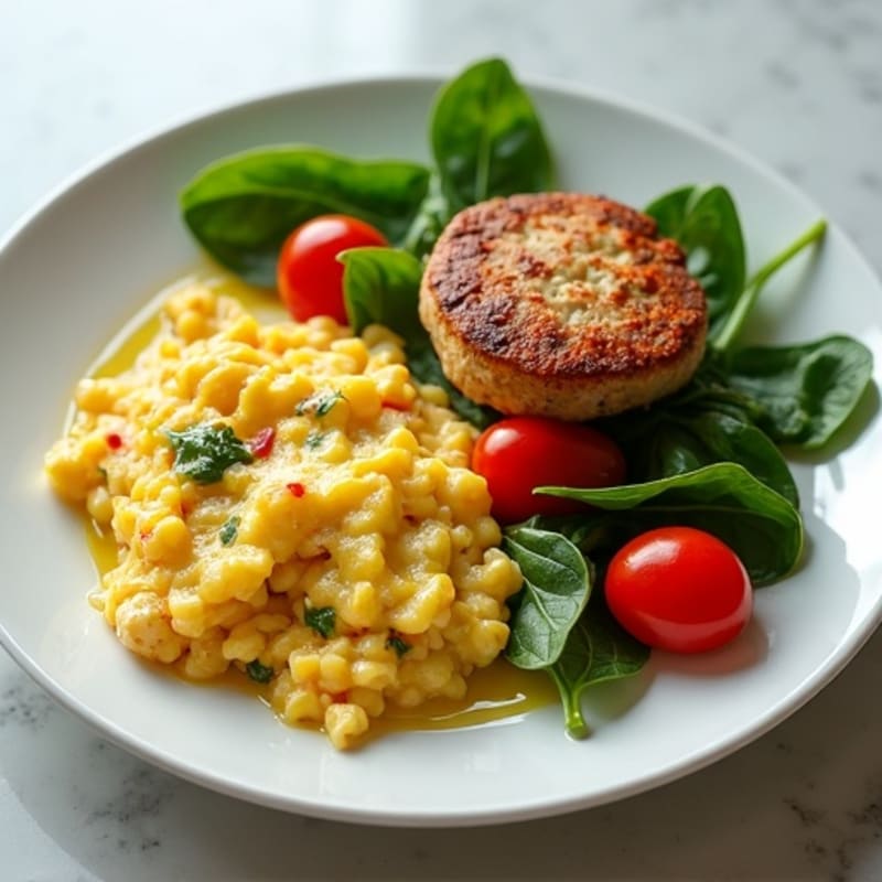 Egg White and Turkey Sausage Scramble with Spinach and Cherry Tomatoes