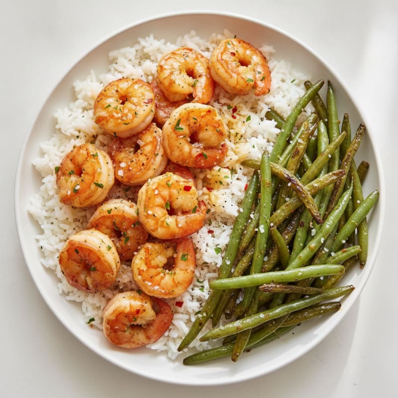 Garlic Shrimp with Roasted Green Beans and Rice