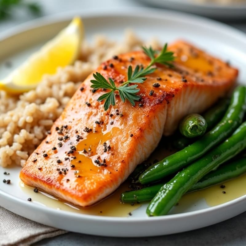 Seared Salmon with Garlic Green Beans and Brown Rice