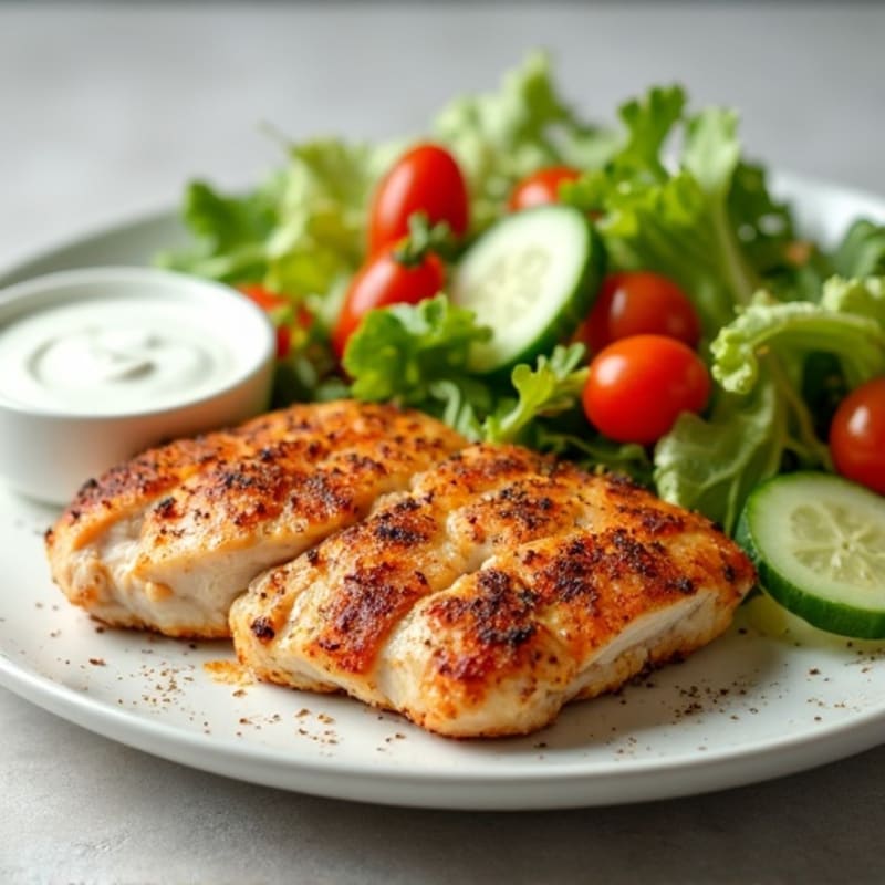 Spiced Roasted Chicken with Creamy Garlic Sauce and Fresh Chopped Salad