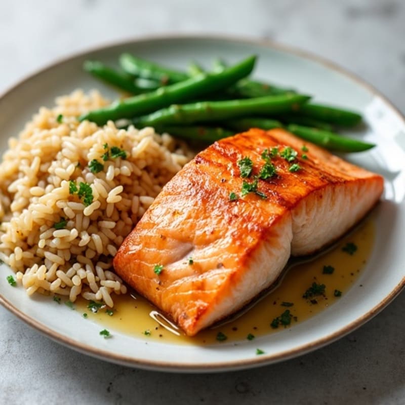 Seared Salmon Fillet with Garlic Green Beans and Brown Rice