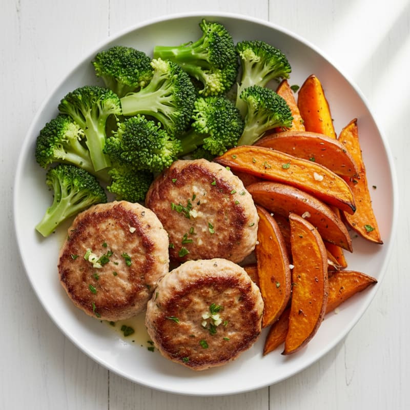 Garlic Herb Turkey Patties with Roasted Sweet Potatoes and Steamed Broccoli