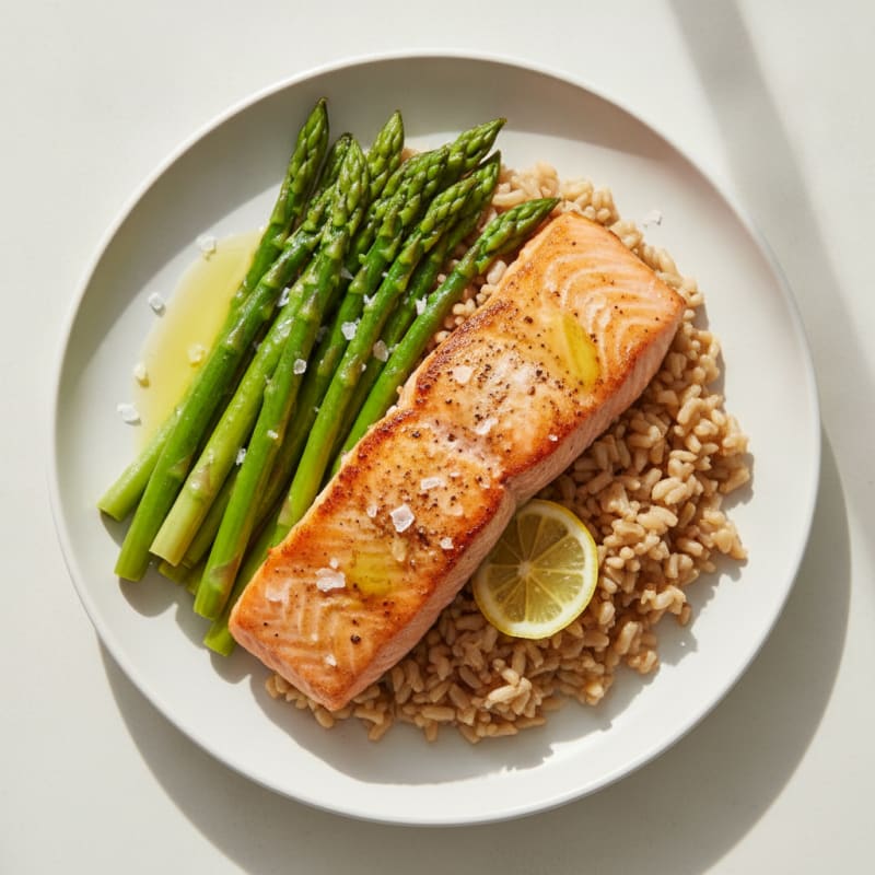 Seared Salmon Fillet with Steamed Asparagus and Brown Rice