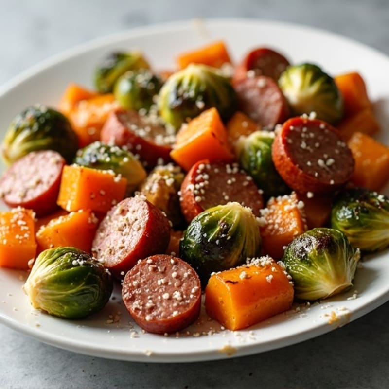 Sheet Pan Crispy Brussels Sprouts and Chicken Sausage with Sweet Potatoes