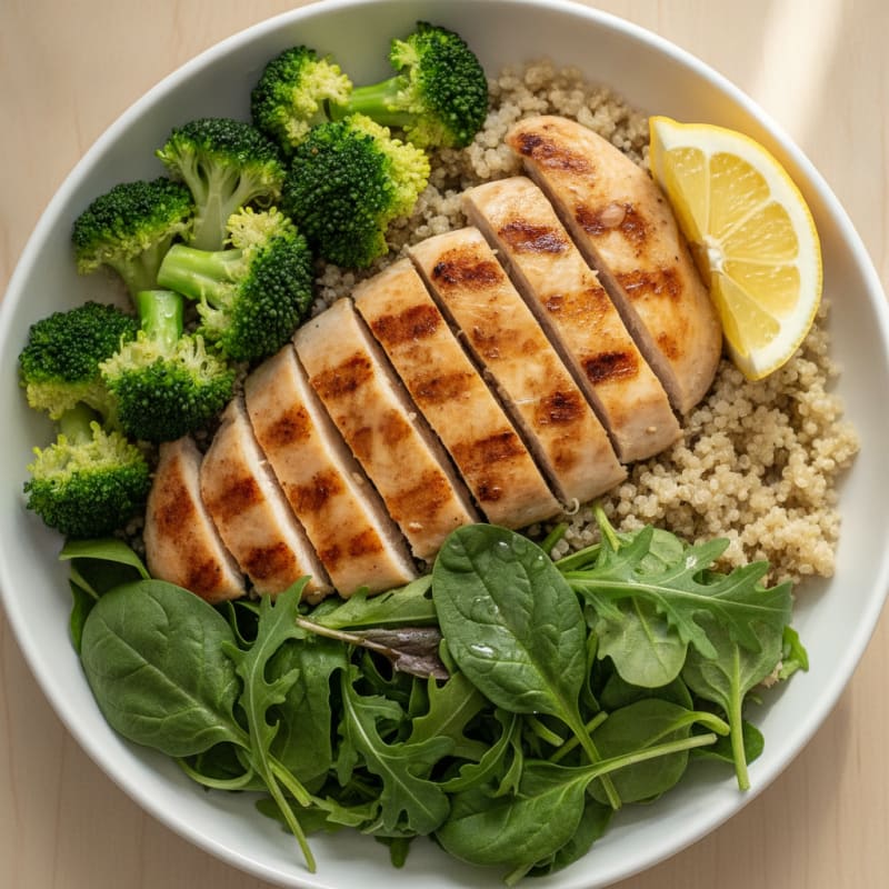 Grilled Chicken Quinoa Bowl with Broccoli and Spring Mix