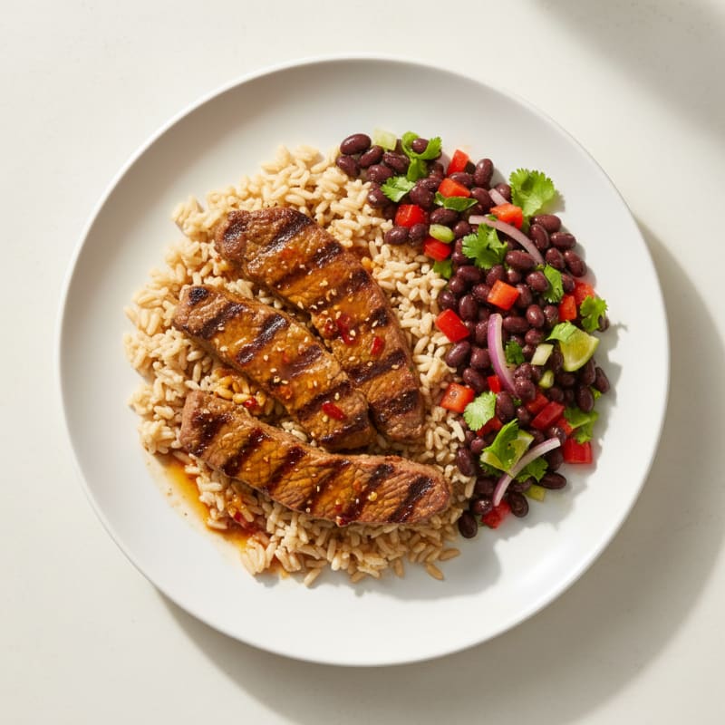 Grilled Beef Strips with Brown Rice and Black Bean Salad