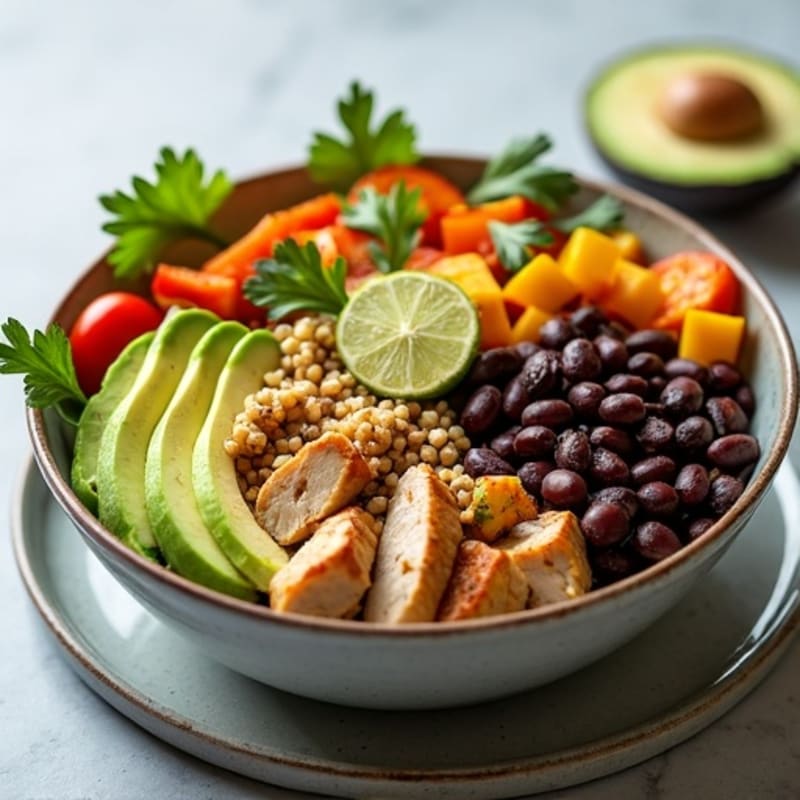 Black Bean Burrito Bowl with Roasted Veggies and Creamy Avocado