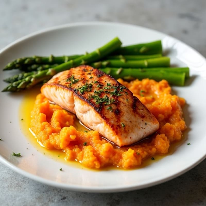 Seared Salmon with Steamed Asparagus and Sweet Potato Mash