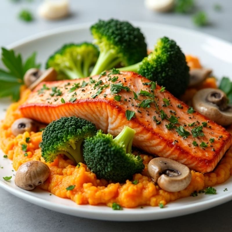 Herb-Crusted Salmon with Roasted Broccoli and Garlic Mushroom Sweet Potato Mash