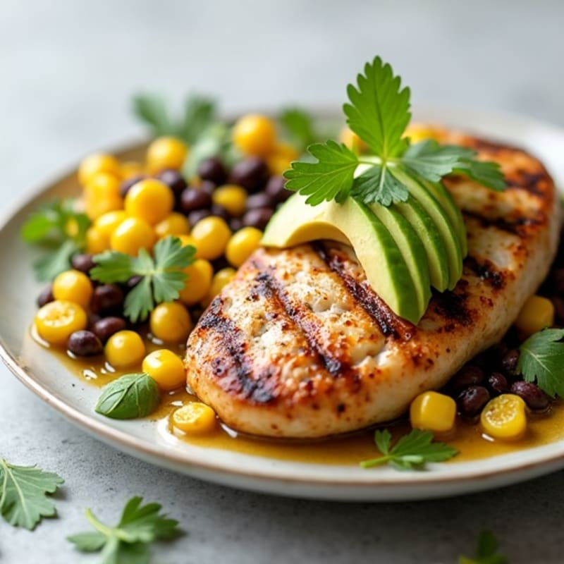 Grilled Chicken with Creamy Avocado Black Bean and Corn Salad