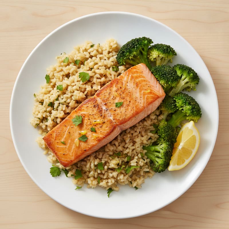 Seared Salmon with Steamed Broccoli and Lemon Herb Rice