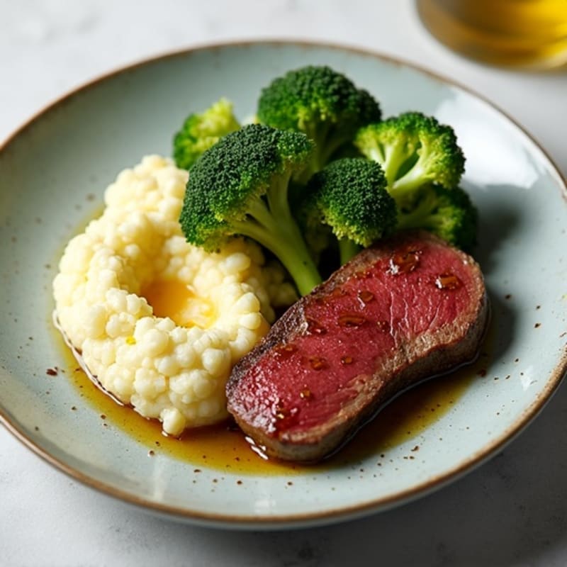 Seared Lean Beef with Roasted Broccoli and Cauliflower Mash