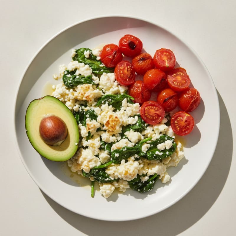 Egg White Spinach Scramble with Cottage Cheese and Cherry Tomatoes