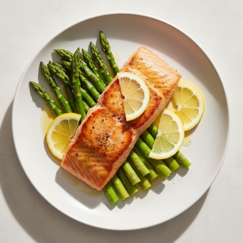 Seared Salmon Fillet with Steamed Asparagus and Lemon