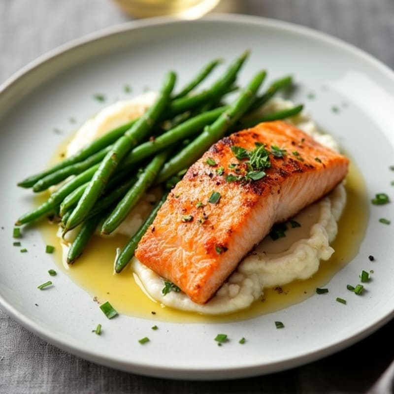 Seared Salmon with Garlic Green Beans and Cauliflower Mash