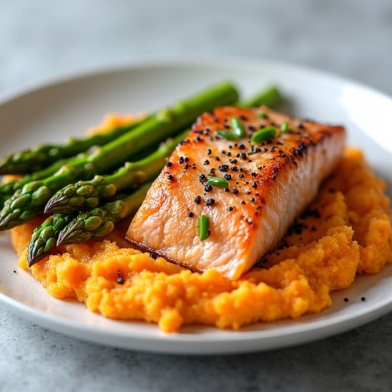 Seared Salmon with Roasted Asparagus and Sweet Potato Mash