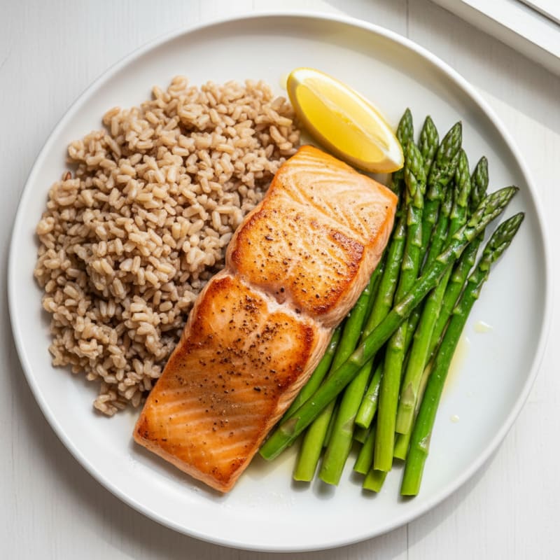 Seared Salmon with Steamed Asparagus and Brown Rice