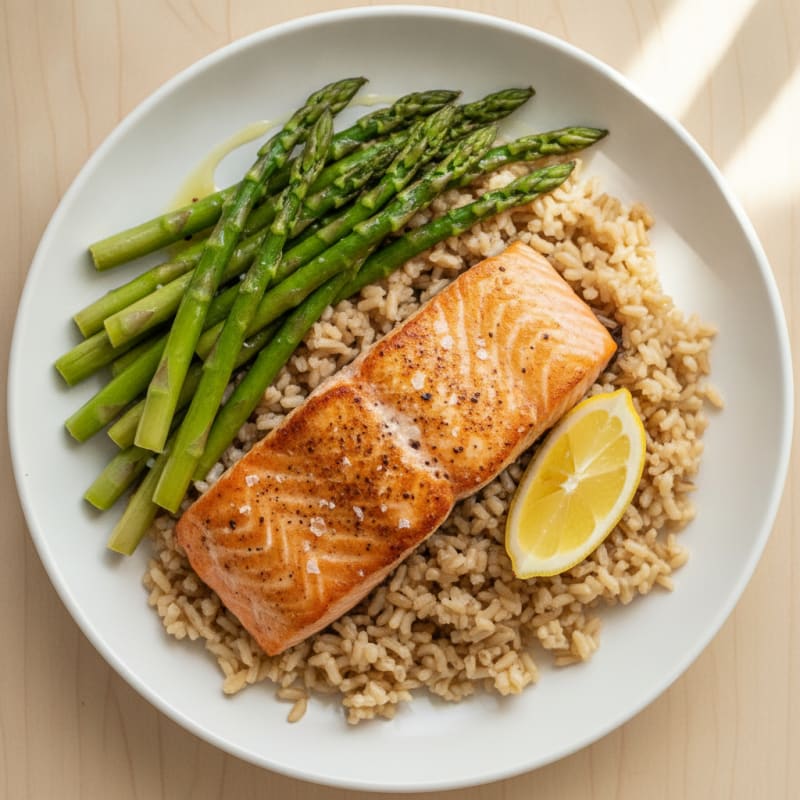 Seared Salmon with Steamed Asparagus and Brown Rice