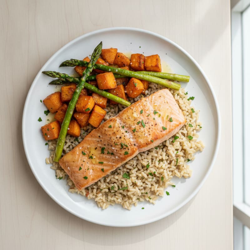 Baked Salmon with Sweet Potato and Rice