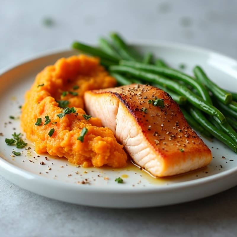 Seared Salmon with Garlic Green Beans and Sweet Potato Mash