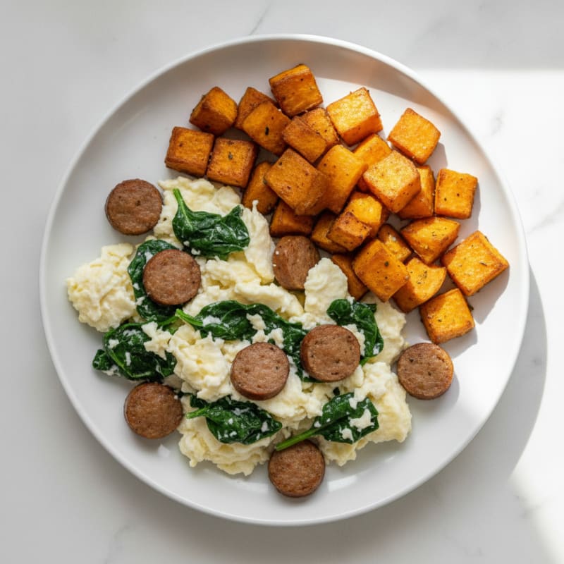 Egg White Spinach Scramble with Turkey Sausage and Roasted Sweet Potato