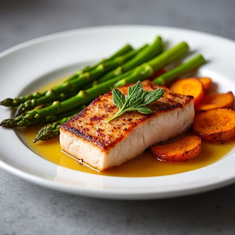 Seared Tuna Steak with Roasted Sweet Potatoes and Asparagus