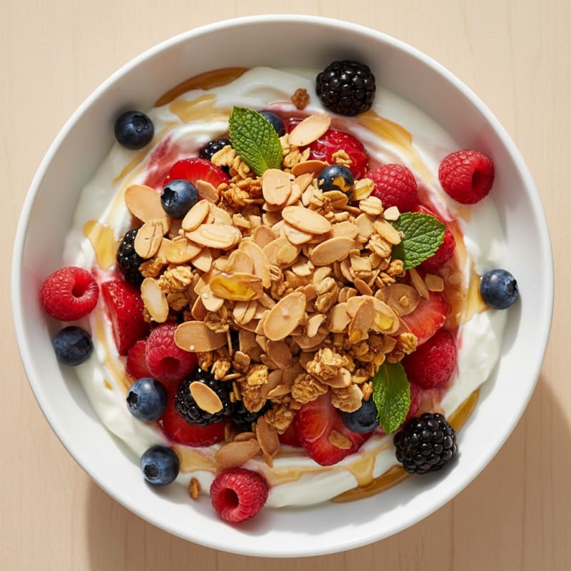 Greek Yogurt with Fresh Fruit and Honey Almond Crunch