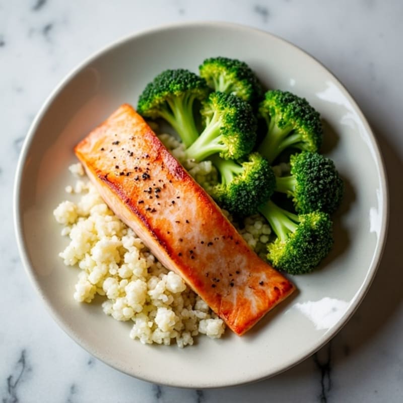 Seared Salmon with Steamed Broccoli and Cauliflower Rice