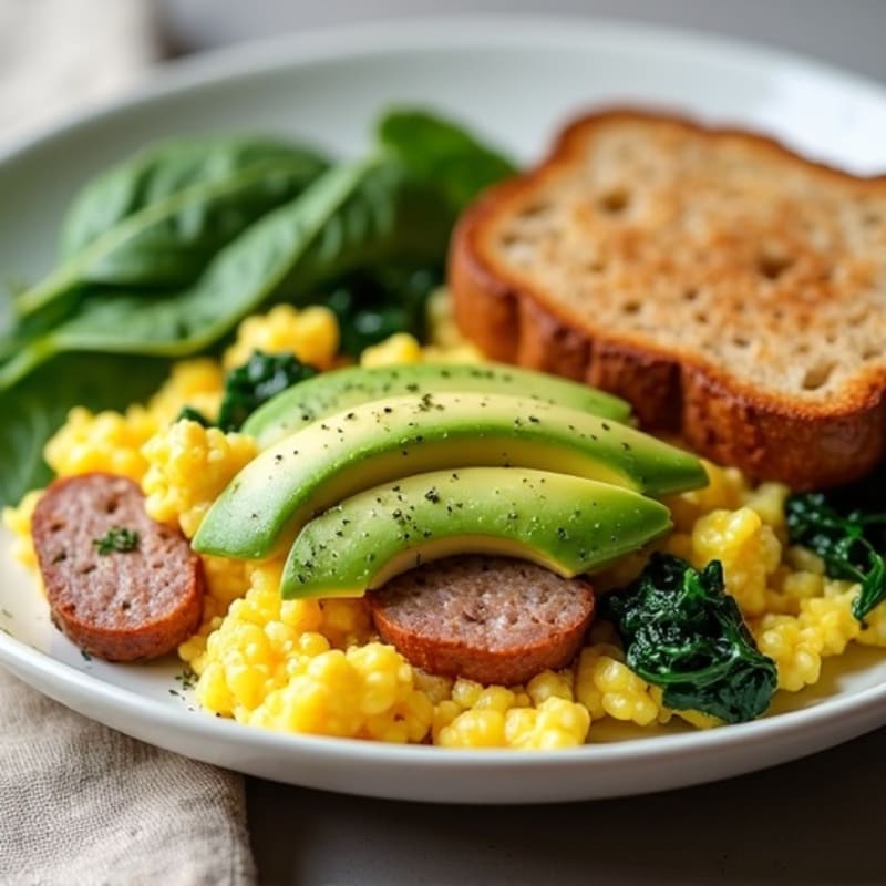 Egg White Scramble with Turkey Sausage and Sautéed Spinach