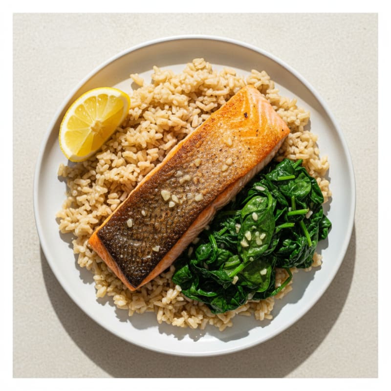 Seared Salmon with Garlic Sautéed Spinach and Brown Rice