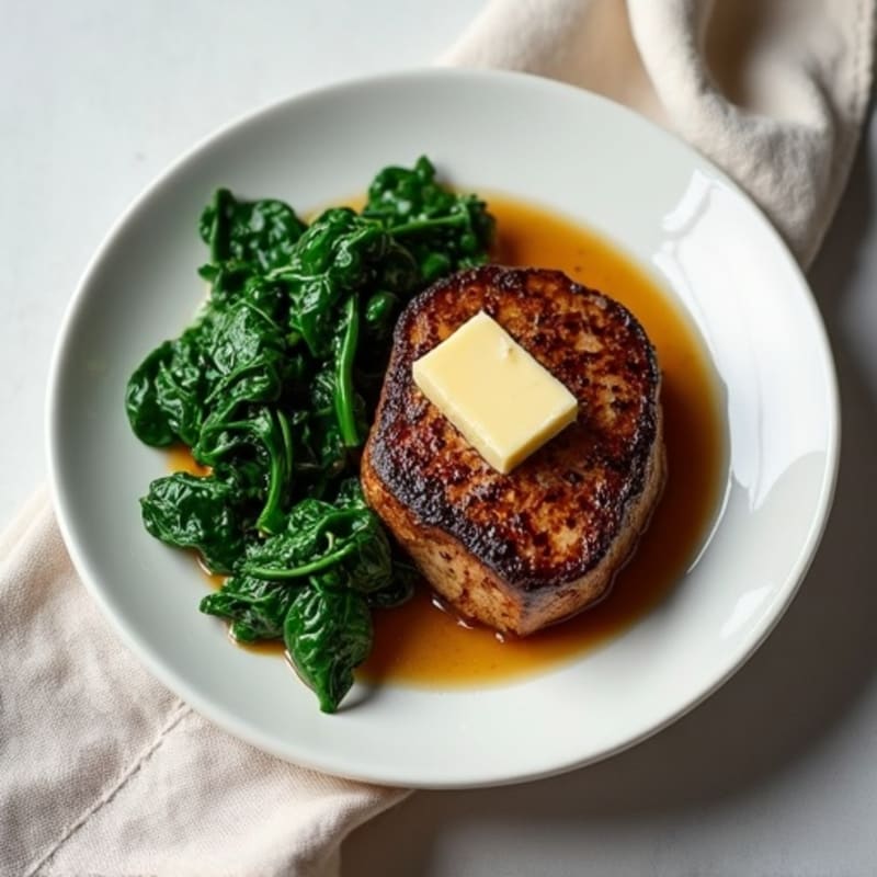 Pan-Seared Ribeye Steak with Sautéed Spinach and Butter