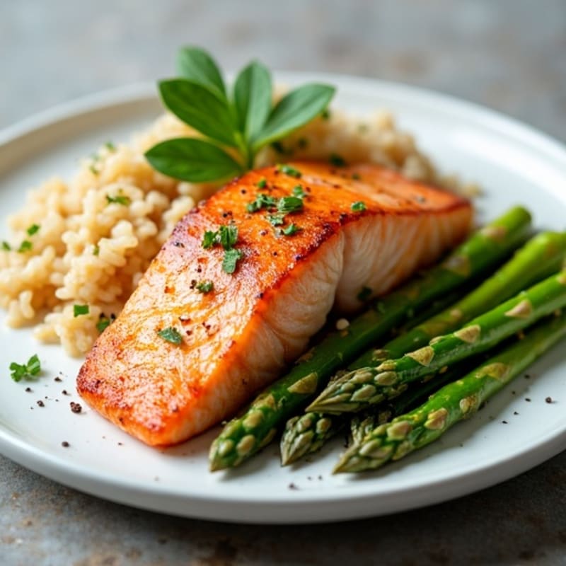 Seared Salmon Fillet with Steamed Asparagus and Brown Rice