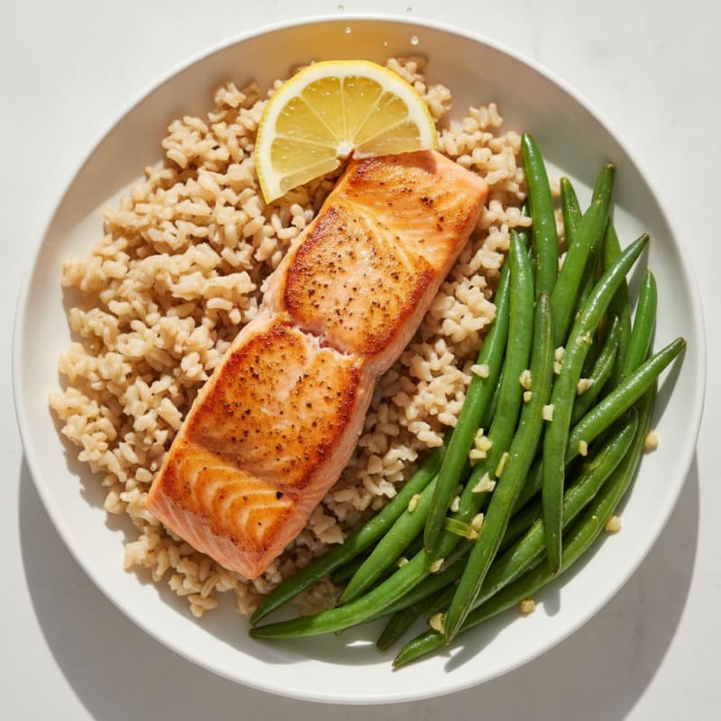 Seared Salmon with Garlic Green Beans and Brown Rice