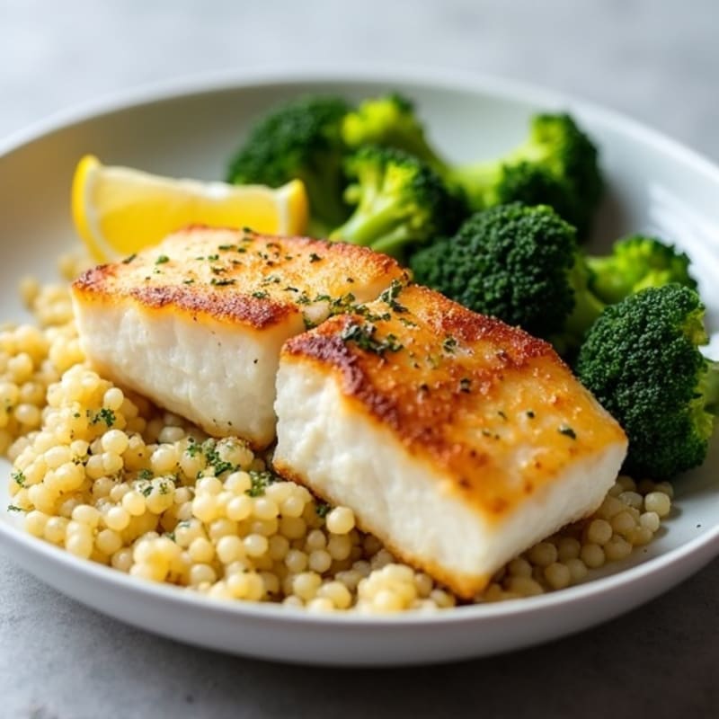 Seared Cod Fillet with Steamed Broccoli and Quinoa