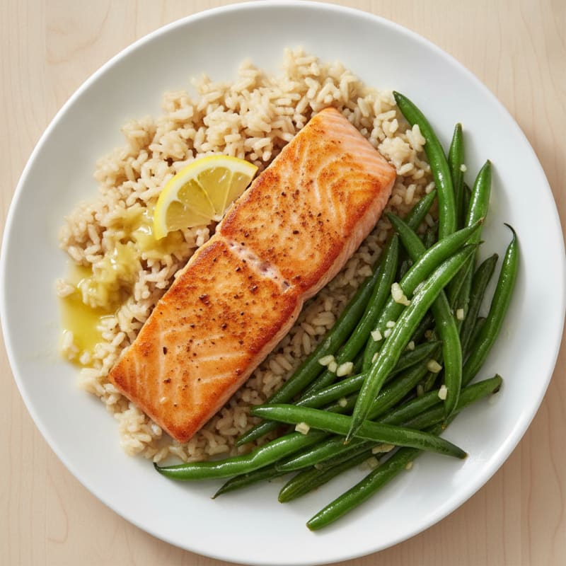 Seared Salmon Fillet with Garlic Green Beans and Brown Rice