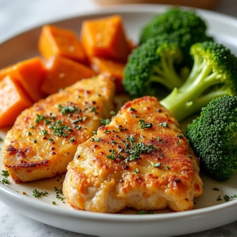 Crispy Lemon Herb Chicken with Roasted Broccoli and Sweet Potatoes