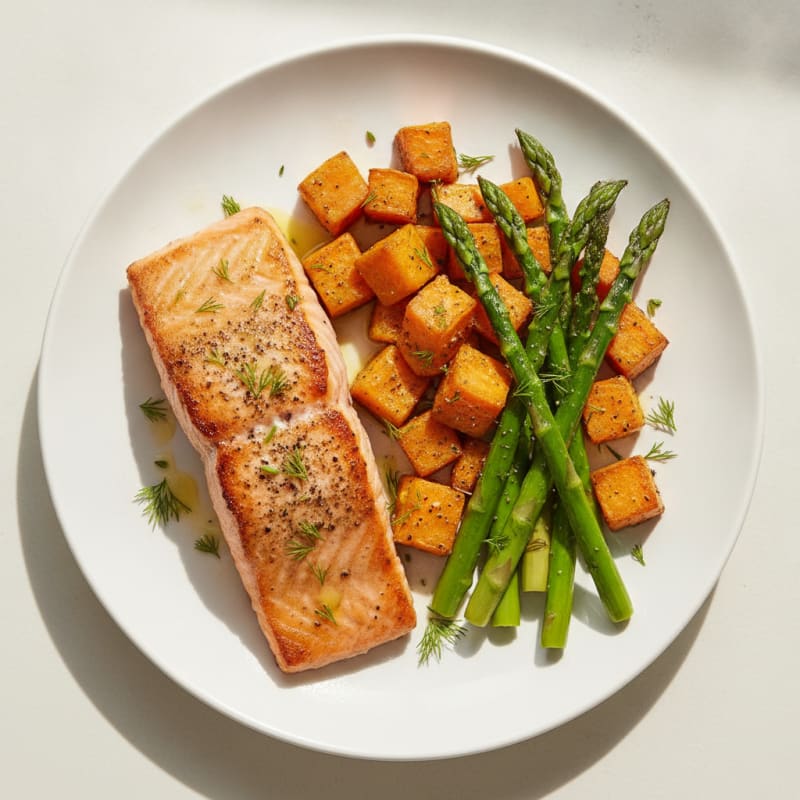 Seared Salmon with Roasted Sweet Potato and Asparagus